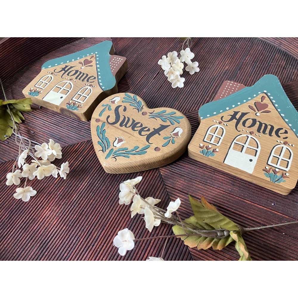 Vintage Home Interior Wooden Green Home Sweet Home House Heart Wall Decor 3 Pcs - Picture 3 of 7